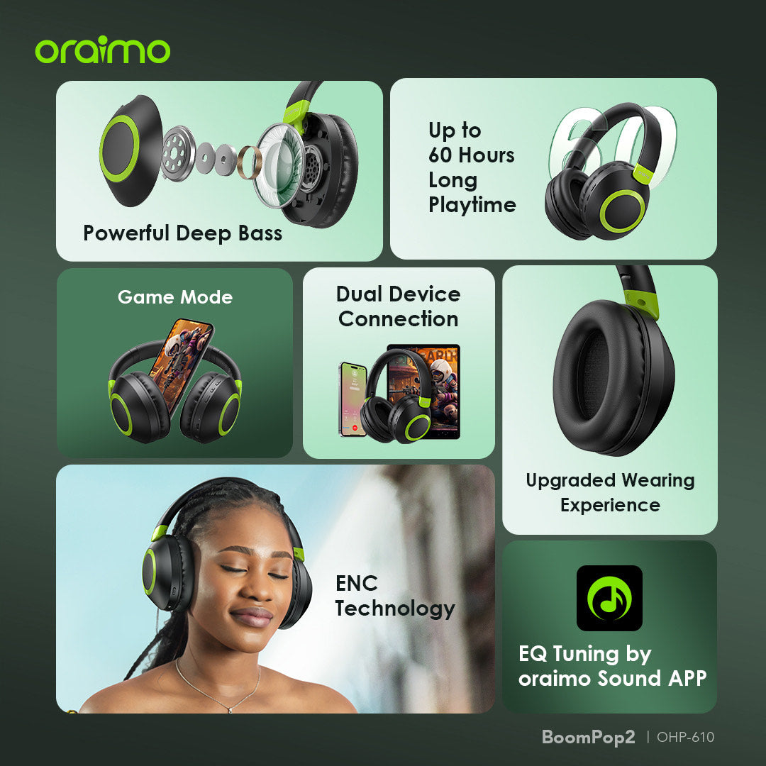 Oraimo BoomPop 2 OHP-610 – 60h Battery, Bass Boost, ENC Mic & Dual Connection