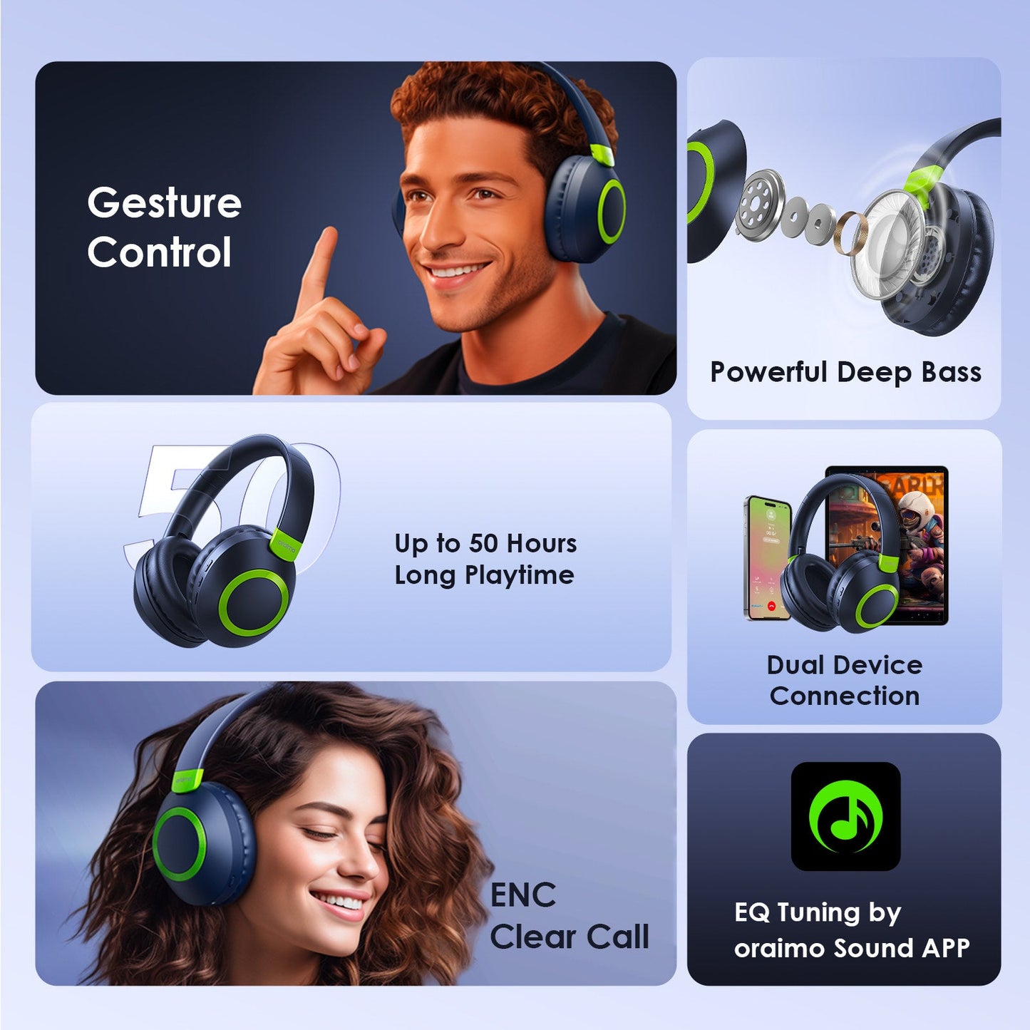 Oraimo BoomPop 2S OHP-610S – Gesture Control, 60h Battery, Bass Boost & ENC Mic