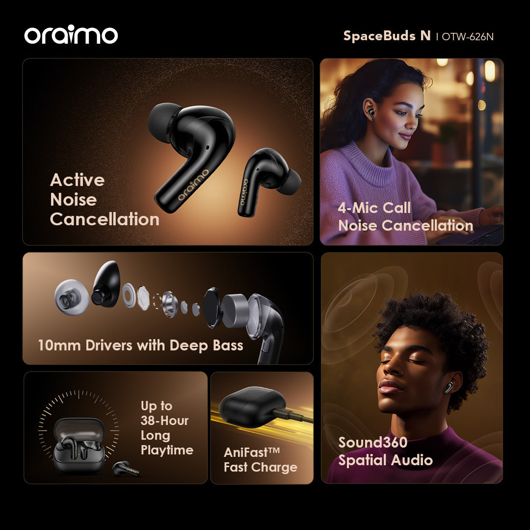 Oraimo SpaceBuds N – ANC, OTW-626N, 38h Battery & Multi-Device Pairing
