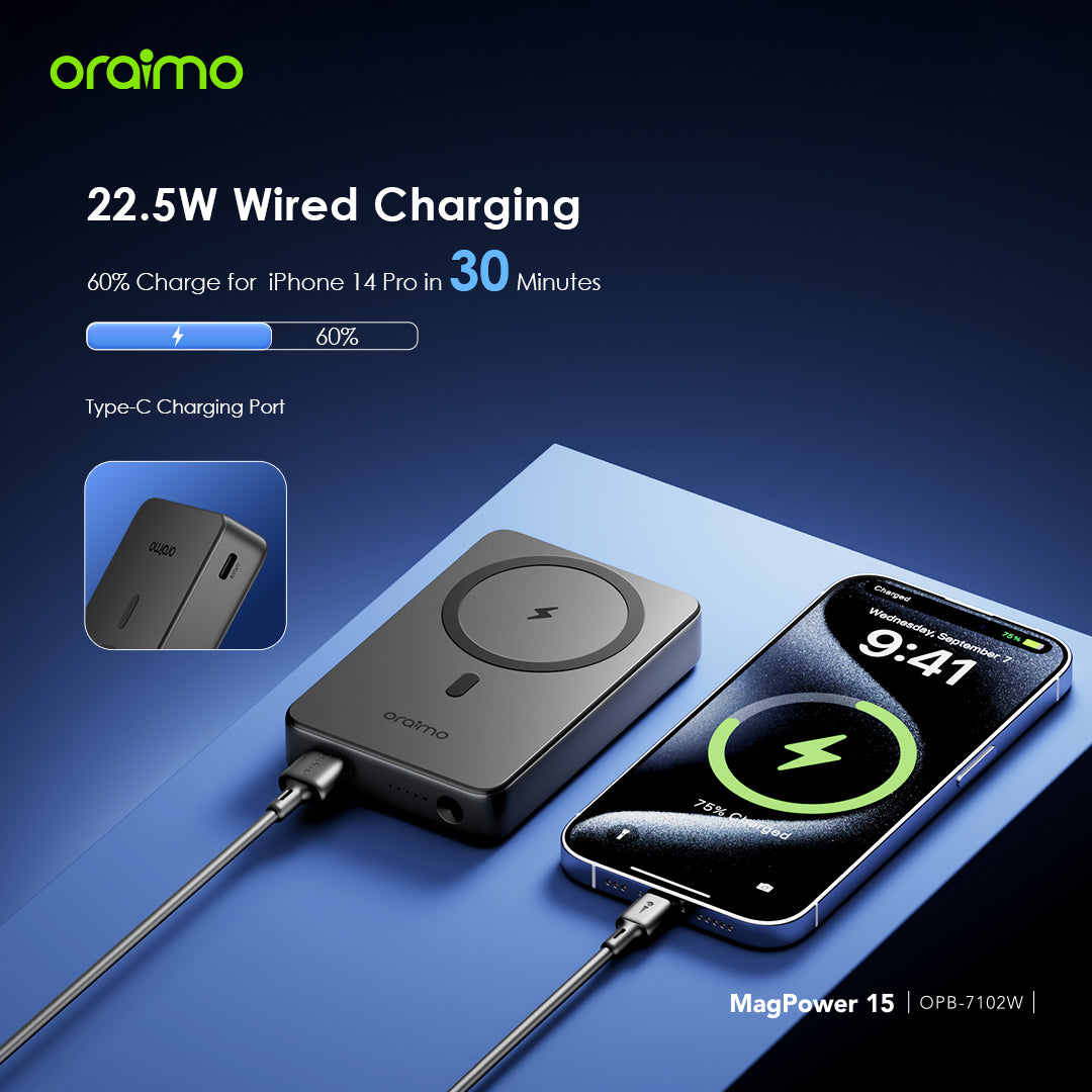 Oraimo MagPower 15 – Magnetic 10000mAh Power Bank with 15W Wireless & 22.5W Wired Charging