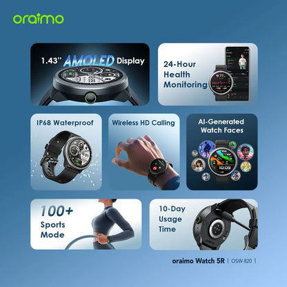 Oraimo Watch 5R – 1.43" AMOLED Bluetooth Calls & 100+ Sport Modes