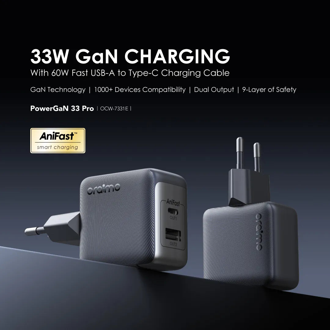 Oraimo PowerCube 33 Pro OCW-7331E – 33W Dual-Port GaN Fast Charger with 60W USB-A to USB-C Cable